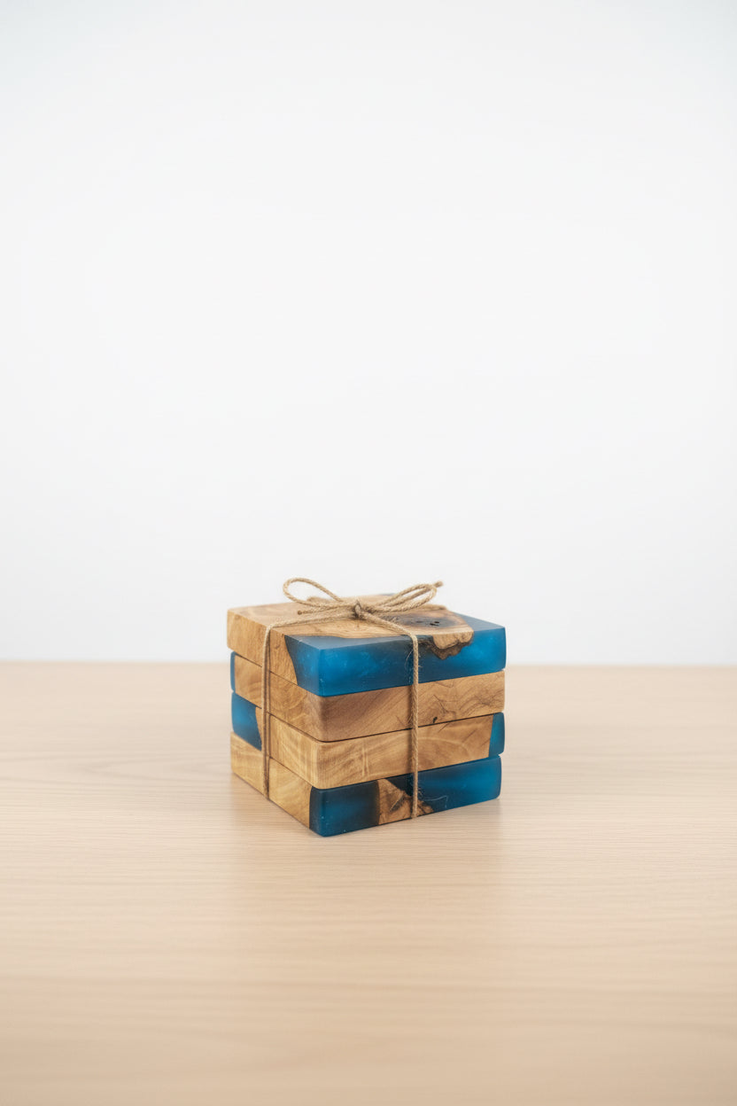 Chunky Olive Wood and Blue Resin Coasters