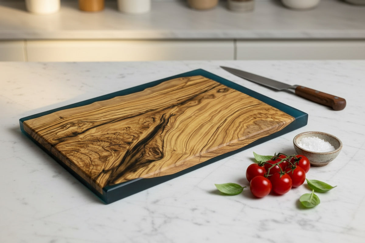 Metallic Blue Resin and Olive Wood Chopping Board